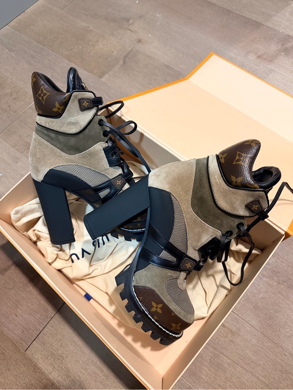 Louis Vuitton Olive, Brown & Black Monogram Suede Platform Booties